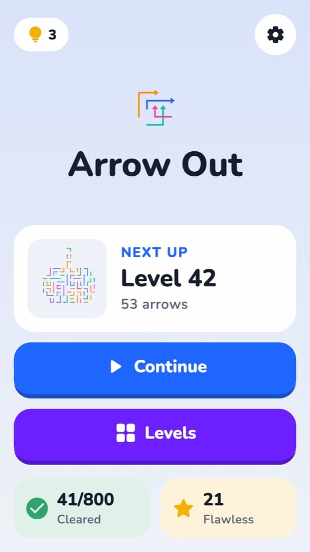 The home screen with the next level and a Continue button