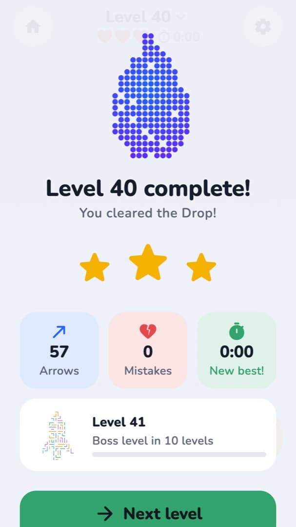 A level complete screen with three stars and a new best time